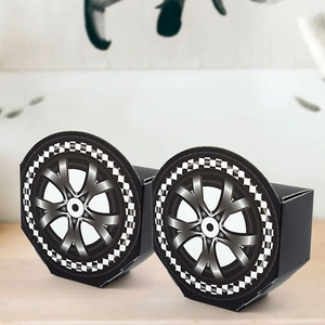 Racing car themed tire style candy gift box with checkered flag detail for kids birthday