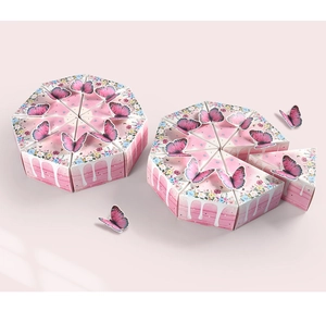 Macro detail of 3D butterfly pink triangle cake gift boxes for birthday parties