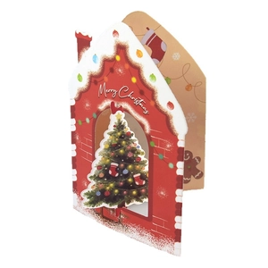 Biglietto di auguri natalizio 3D a forma di casa con dettagli festivi tagliati al laser