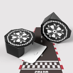 Racing party favor boxes in tire shape with race track decorative strip for kids birthday
