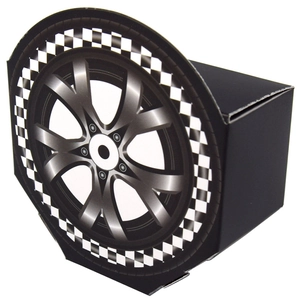 Racing party favor box with black and white checkered tire design for kids birthdays