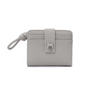 Detailed view of gray textured leather short wallet with heart buckle and wrist strap