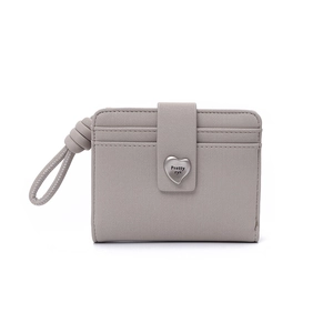 Detail view of grey Saffiano leather wallet with silver heart buckle and wrist strap