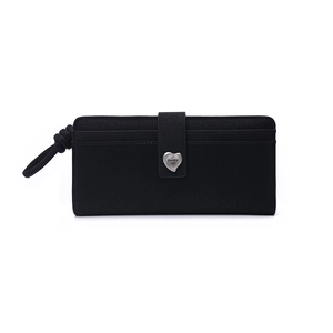 Close-up of black long wallet featuring heart buckle and textured synthetic fabric