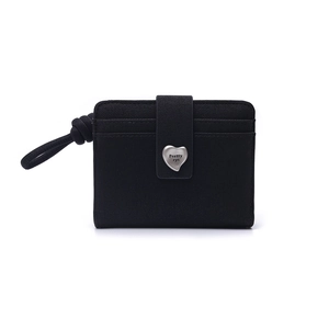 Short black PU leather folding wallet for women featuring a silver heart-shaped clasp