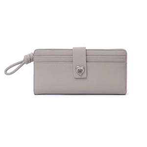 Macro detail of gray long wallet featuring crosshatch texture and heart metal buckle