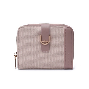 Close-up of pink and beige PU leather wallet with U-shaped metal buckle and zipper