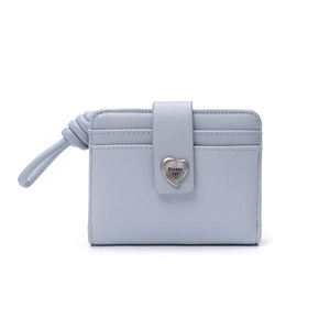 Close-up of light blue crossgrain leather wallet with heart buckle and knotted handle