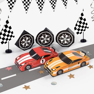Racing car themed party gift boxes set with tires and checkered flags for kids birthdays