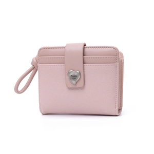 Pink short wallet with heart metal buckle and wrist strap for women in matte leather