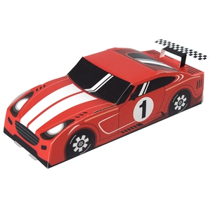 Racing car shaped red gift box with checkered spoiler for birthday party decor