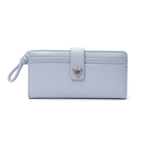 Detail of light blue cross-grain leather wallet with heart metal clasp and wrist strap