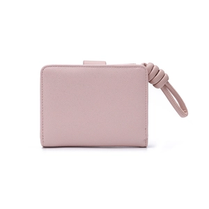 Pink cross-grain leather short folding wallet with heart buckle and wristlet strap