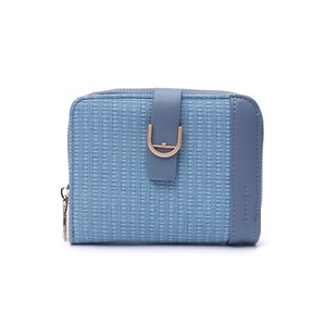 Close-up of light blue textured leather wallet featuring gold U-shaped lock and logo zipper