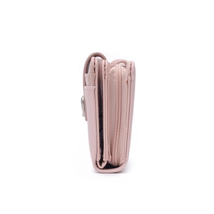 Side view of pink multi-layer wallet showing textured faux leather and metal zipper detail