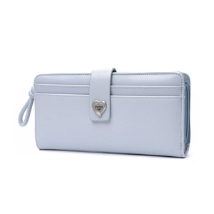 Light blue long wallet with heart clasp, cross-grain leather texture and hand strap