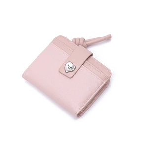 Detail of light pink heart buckle wallet with textured PU leather and stylish metal accent