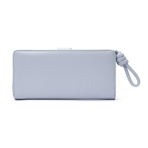 Detail of light blue Saffiano leather wallet with twisted wrist strap on white background