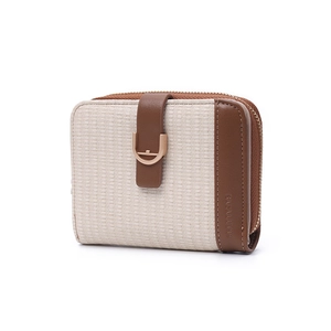 Close-up of beige woven texture PU leather wallet with brown strap and gold D-ring buckle