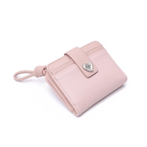 Close-up of pink PU leather wallet featuring a heart metal buckle and knot wrist strap