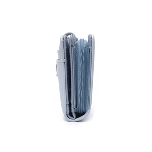 Detail view showing multi-layer card slots and metal zipper of the folding wallet