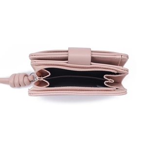 Minimalist pink PU leather folding wallet featuring multiple card slots and wristlet strap