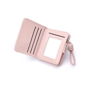 Pink PU leather fold-over wallet featuring card slots, photo ID window and wrist strap