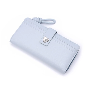 Light blue long PU leather wallet for women with heart buckle and wrist strap