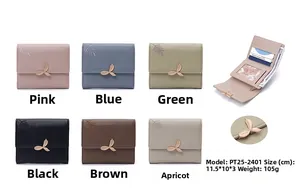 Detailed view of women's bifold PU leather wallet featuring leaf buckle and card slots