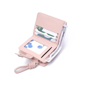 Pink three-fold leather wallet for women with heart buckle and multiple card slots