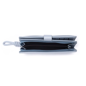 Detail view of long wallet interior with 8 card slots, zipper pocket and wrist strap