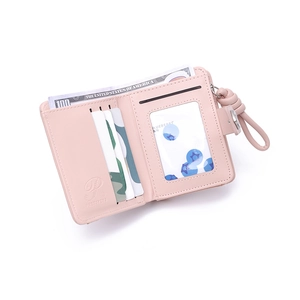 Pink PU leather short wallet interior showing card slots, bill pocket and photo window