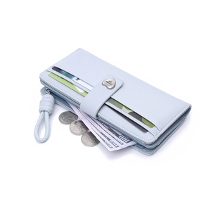 Light blue PU leather long wallet for women featuring a silver heart clasp and wrist strap