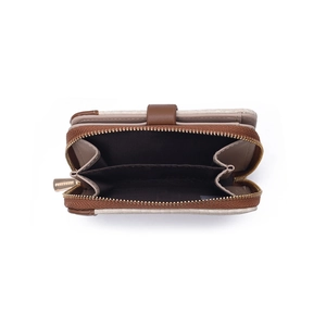 Short beige faux leather wallet with gold zipper and multi-slot interior compartments
