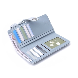 Light blue long PU leather folding wallet with heart buckle and multi-slot interior