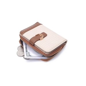 Short beige woven wallet for women with brown leather trim and golden D-buckle closure