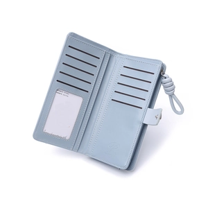 Detailed interior view of a blue long bifold wallet showing card slots and ID window