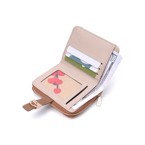 Minimalist beige women's short bifold wallet with brown strap and multi-card slots