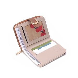 Foldable PU leather wallet with zipper pocket, ID window and card slots in beige finish