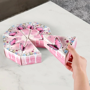 Pink triangular cake-shaped gift box with floral patterns and 3D butterfly decoration