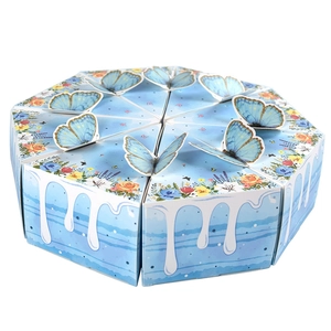 Set of 10 light blue triangle cake-shaped gift boxes with 3D paper butterflies