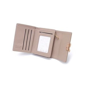Three-fold tan PU leather wallet for women with bow buckle and multiple card slots