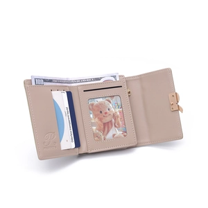 Minimalist beige tri-fold PU leather wallet with bow clasp and multiple card slots