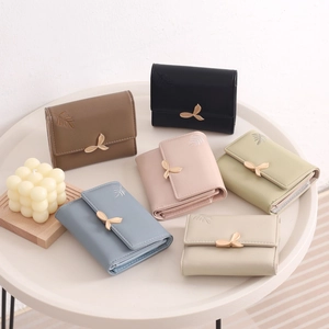Minimalist tri-fold PU leather small wallets with metal leaf buckle in six pastel colors