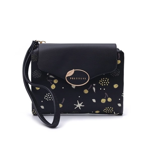 Close-up of black PU leather wallet with cherry floral pattern and gold metal buckle