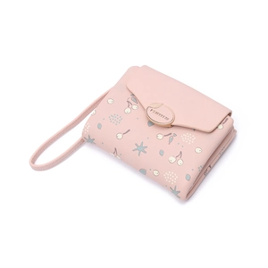 Pink PU leather floral women's wallet with cherry print and golden buckle strap
