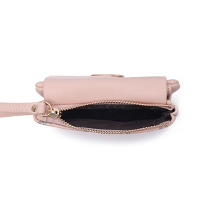Pink cartoon print crossbody bag with gold zipper and top view of interior lining