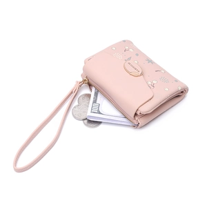 Pink cartoon floral PU leather wallet with cherry prints and golden leaf buckle charm