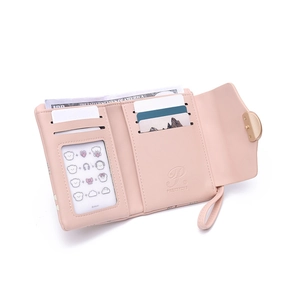 Pink PU leather tri-fold wallet for women with card slots and a clear ID window
