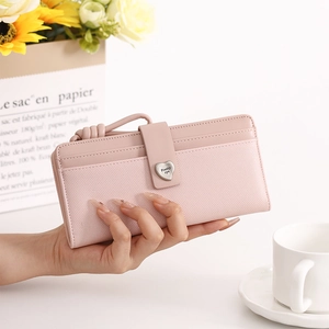 Women Long Wallet PU Leather Heart Metal Buckle Multi Card Slots Clutch Bag With Wrist Strap Trendy Fashion Purses